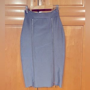 Zachary. Grey sheen Bandage Skirt with Gold working Zippers; Size XS